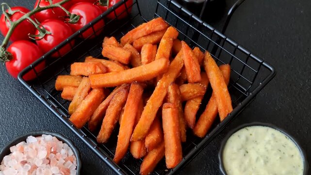 Seasoned sweet potato fries with sauce, fast food. Sweet potato fries as a food background for your design