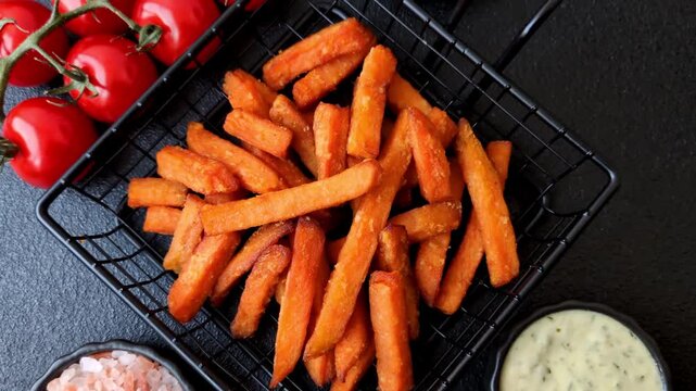 Seasoned sweet potato fries with sauce, fast food. Sweet potato fries as a food background for your design
