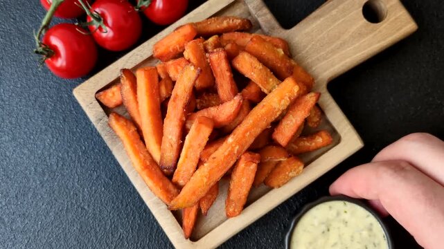 Seasoned sweet potato fries with sauce, fast food. Sweet potato fries as a food background for your design