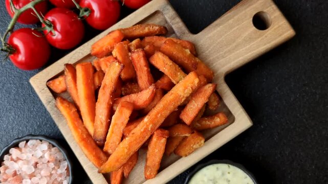 Seasoned sweet potato fries with sauce, fast food. Sweet potato fries as a food background for your design