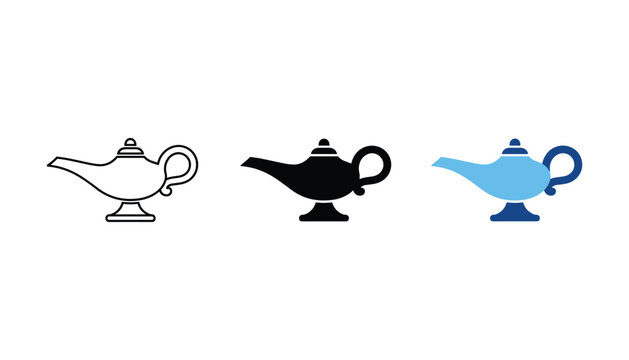 Vintage genie lamp icon set featuring magical oil lamp design in outline solid and blue color variations for fantasy storytelling and creative digital media branding projects online