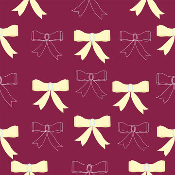 Yellow and white bows seamless pattern on burgundy background. Vector ribbon wallpaper