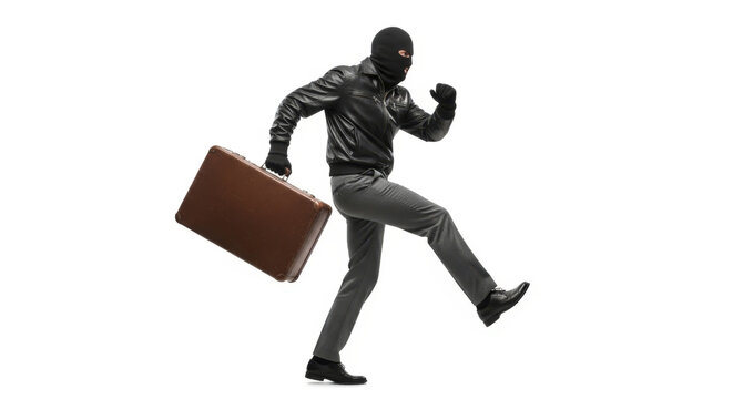 Fugitive Thief Hurrying Away with Stolen Brown Briefcase, Dressed in Black Leather Jacket and Grey Pants on Clear White Background