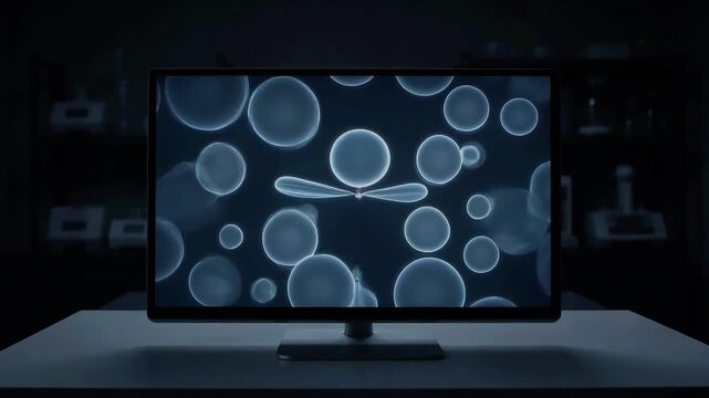 Computer monitor displaying sequence of glowing digital icons in dark scientific workspace data screen analysis