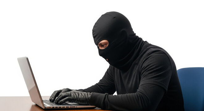 Hacker in Ski Mask Typing on Laptop Isolated on White Background for Concept of Internet Crime Data Breach and Cybersecurity Threat