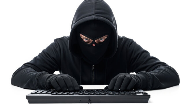 Hacker Keyboard Masked Man Hooded Cyber Crime Internet Security Code Computer Technology Isolated White Background Network Data Breach