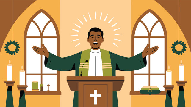 Christian pastor standing at the wooden pulpit with open arms preaching a sermon in a beautiful church.