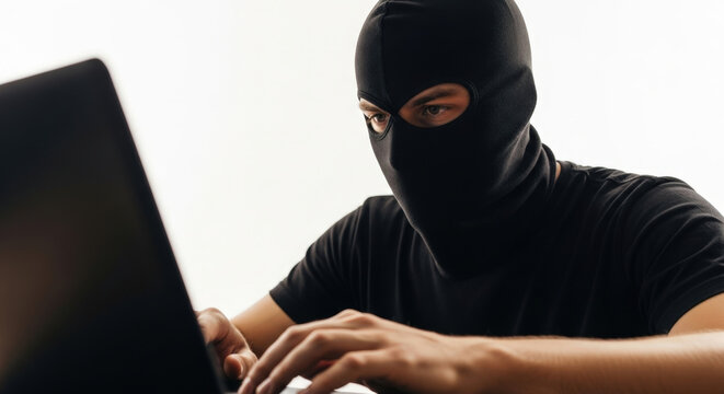 Hacker Using Laptop on White Background Cybercrime, Black T-shirt, Internet