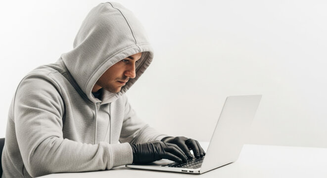 Hacker Wearing Hood and Gloves Typing on Laptop Keyboard for Cybercrime on White Background. Cyber Security Concept