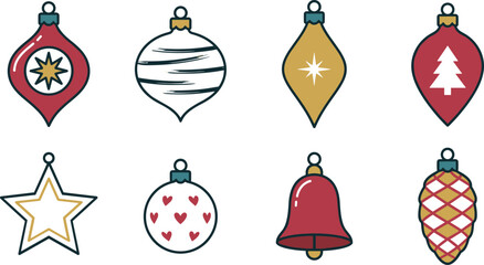 Naklejka premium Festive Christmas tree ornaments and traditional holiday hanging baubles icon collection set vector illustration isolated on white background