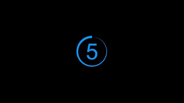 Neon blue digital countdown number 5 with circular progress loading bar on black background featuring modern tech style presentation graphic vector illustration asset for futuristic video intro and ti
