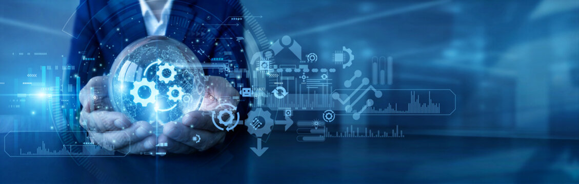 Robotics engineer hold global and Automation production network optimizing workflow activities worldwide ensuring faster data integrations. Modern robotic strategy advancing factory efficiencies.