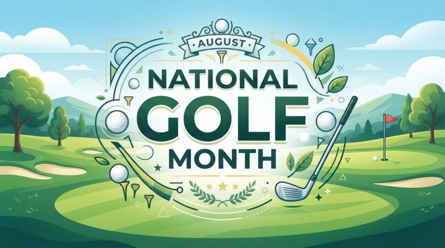 National Golf Month illustration with golf clubs and ball