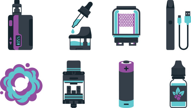 Electronic cigarette vaping devices hardware components accessories and e-liquid icon collection set vector illustration isolated on white background