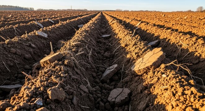 Freshly ploughed soil furrows in agricultural field.