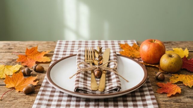 Festive thanks giving day table setting with autumn decor and seasonal fruits