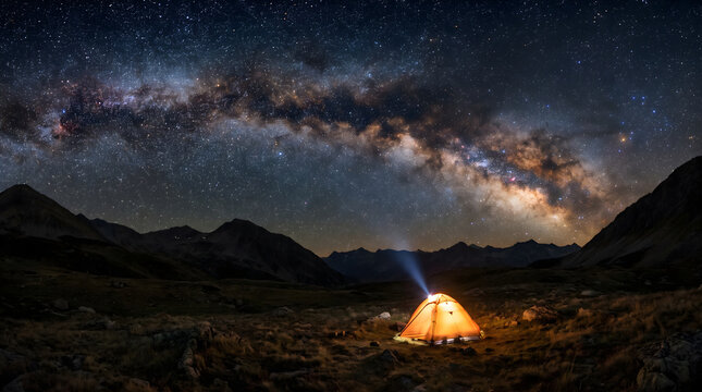 Milky Way galaxy arching over a glowing tent in a starry alpine meadow