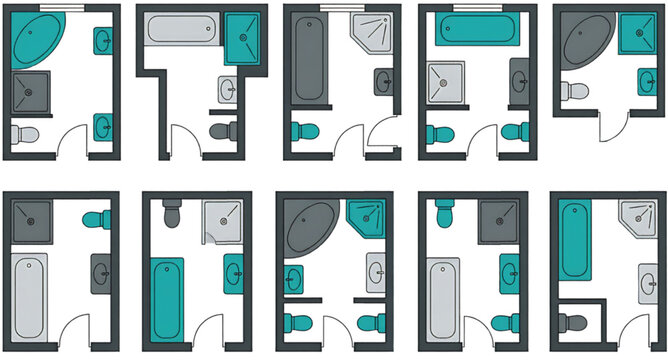 Top View Bathroom Layout Collection with Bathtubs Showers Toilets and Vanity Floor Plans Vector Asset Set