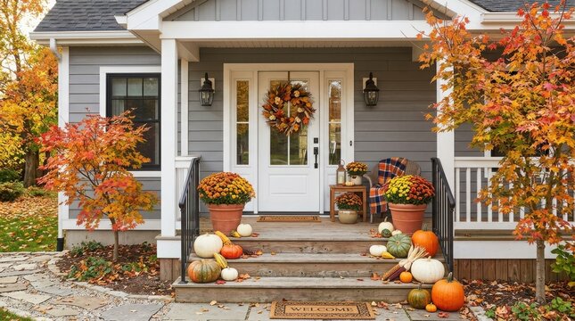 Festive thanks giving day porch decor pumpkins mums and autumn wreath for holiday season