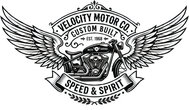 Retro motorcycle emblem with wings design. Vintage biker logo vector for branding and custom apparel.