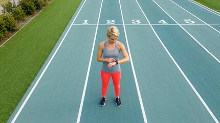 Fototapeta premium Top view of young woman checking smartwatch on sports field