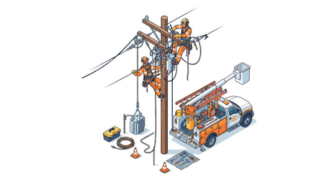 Electrical Linemen Working On Utility Pole Detailed Vector Illustration