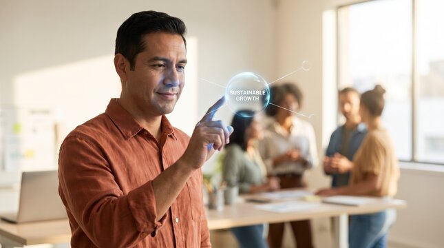 Contemplative man touching glowing node on floating holographic concept map closeup