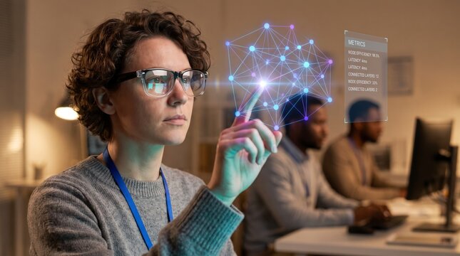 Focused engineer selecting glowing node in floating holographic neural cluster closeup