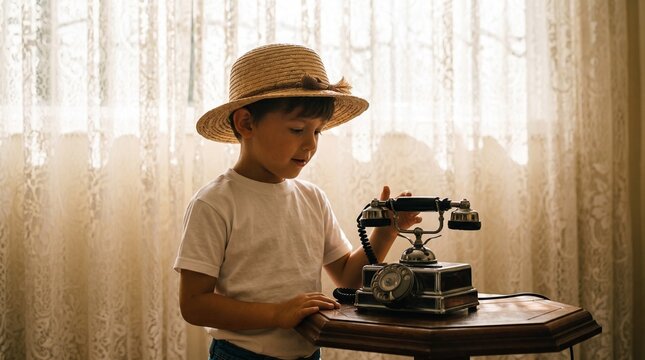 Child Playing with Vintage Telephone Indoors