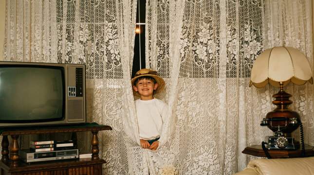 Child Playing Hide-and-Seek Behind Lace Curtains