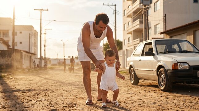 Father Teaching Toddler First Steps Outdoors