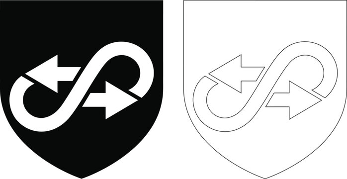 Infinity arrow shield emblem vector graphic with infinity abstract continuous direction protection minimalist illustration