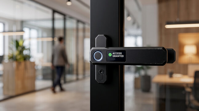 Modern black smart door handle with a digital interface showing access granted status in a professional corporate office building setting