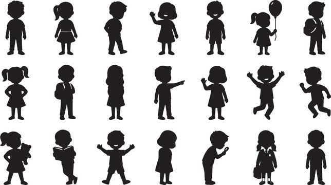 Set of black silhouettes of little boys and girls in different poses and actions
