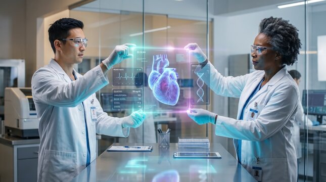 Two diverse doctors examining holographic patient data on floating diagnostic interface
