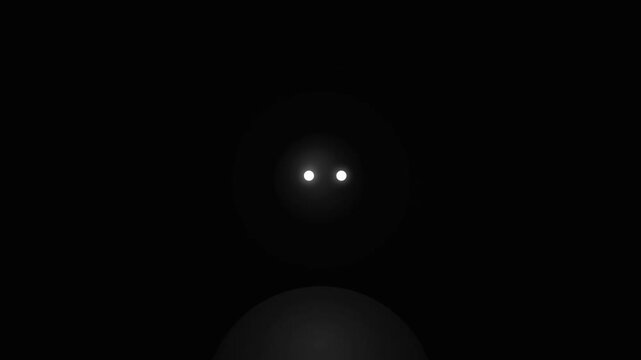 Minimalist abstract dark background with two glowing white eyes or lights in the pitch black