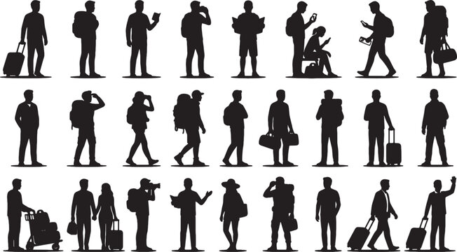 Set of black silhouettes of travelers with suitcases and backpacks on the go