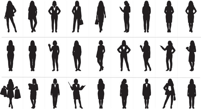 Set of black silhouettes of business women in various poses and office attire