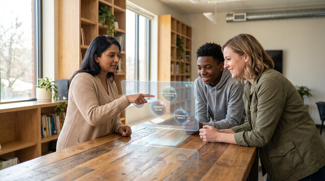 Multiracial mentor guiding two learners with floating holographic learning module in classroom