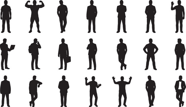 Set of black silhouettes of standing men in various poses and office clothes