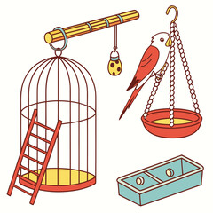 Illustration of a bird cage with a pet parrot and accessories