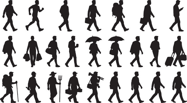 Set of black silhouettes of men walking in various daily life activities