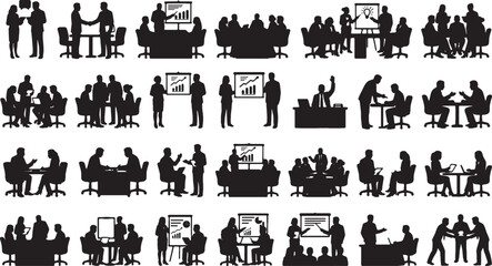 Obraz premium Set of business people silhouette icons working in office meeting room scenes