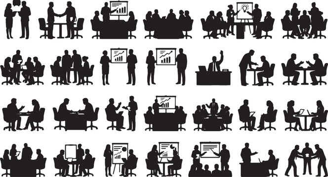 Set of business people silhouette icons working in office meeting room scenes
