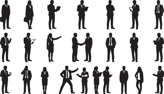 Set of black business people silhouettes standing in various office poses