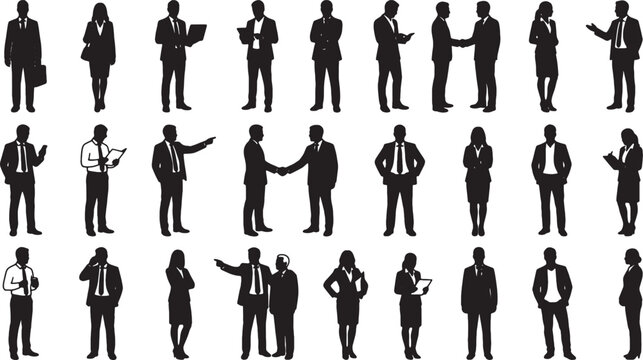 Set of black business people silhouettes in various professional poses and tasks