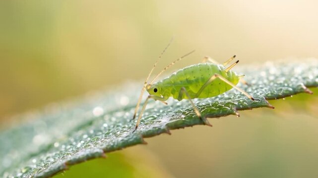 green aphids close up on plant leaves at morning light video