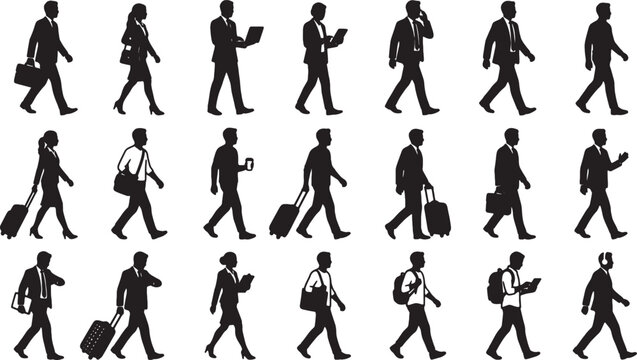 Set of black silhouettes of business people walking and traveling in office