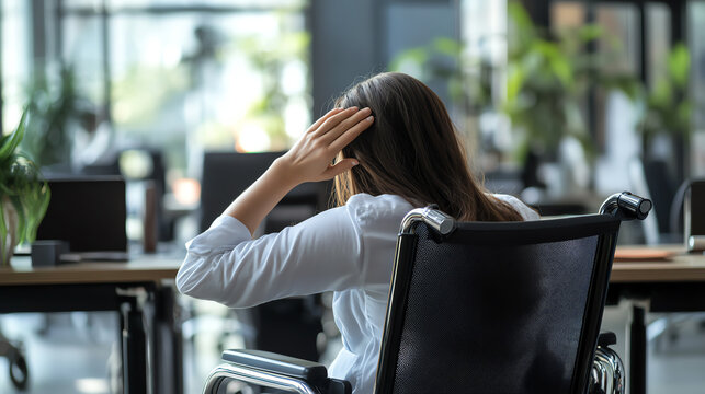 A woman in a wheelchair sits pensively in a modern office, reflecting on her challenges in a supportive work environment.