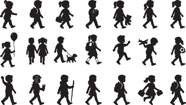 Set of black silhouettes of happy children walking and playing in different ways